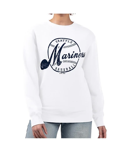G-iii 4Her by Carl Banks Women's White Seattle Mariners Distressed Baseball Team Fleece Pullover Sweatshirt