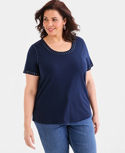 Style & Co Plus Mirror Trim Short-Sleeve Top, Macy's Exclusive