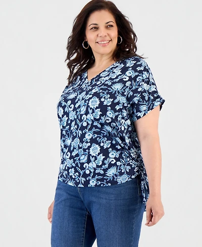 Style & Co Plus Drawstring-Side V-Neck T-Shirt, Macy's Exclusive