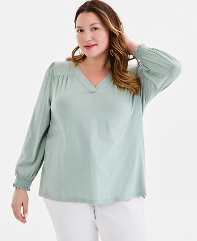 Style & Co Plus V-Neck Smocked-Cuff Long-Sleeve Top, Macy's Exclusive
