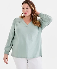 Style & Co Plus V-Neck Smocked-Cuff Long-Sleeve Top, Macy's Exclusive