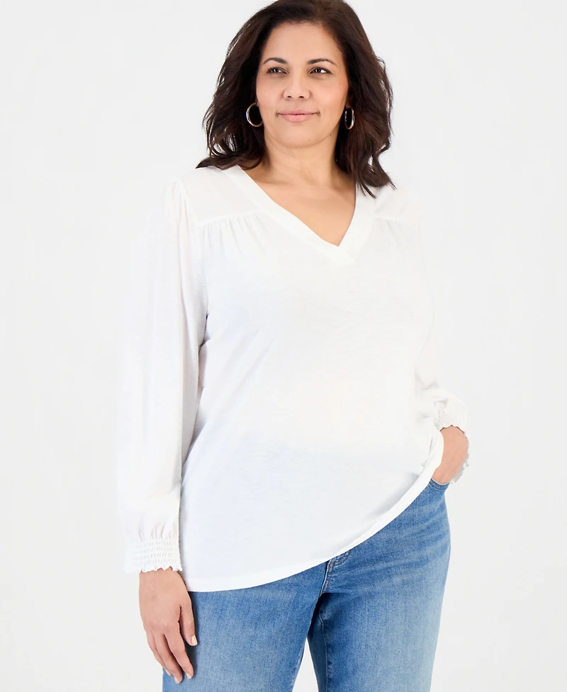 Style & Co Plus Smocked-Cuff Long-Sleeve V-Neck Top, Macy's Exclusive