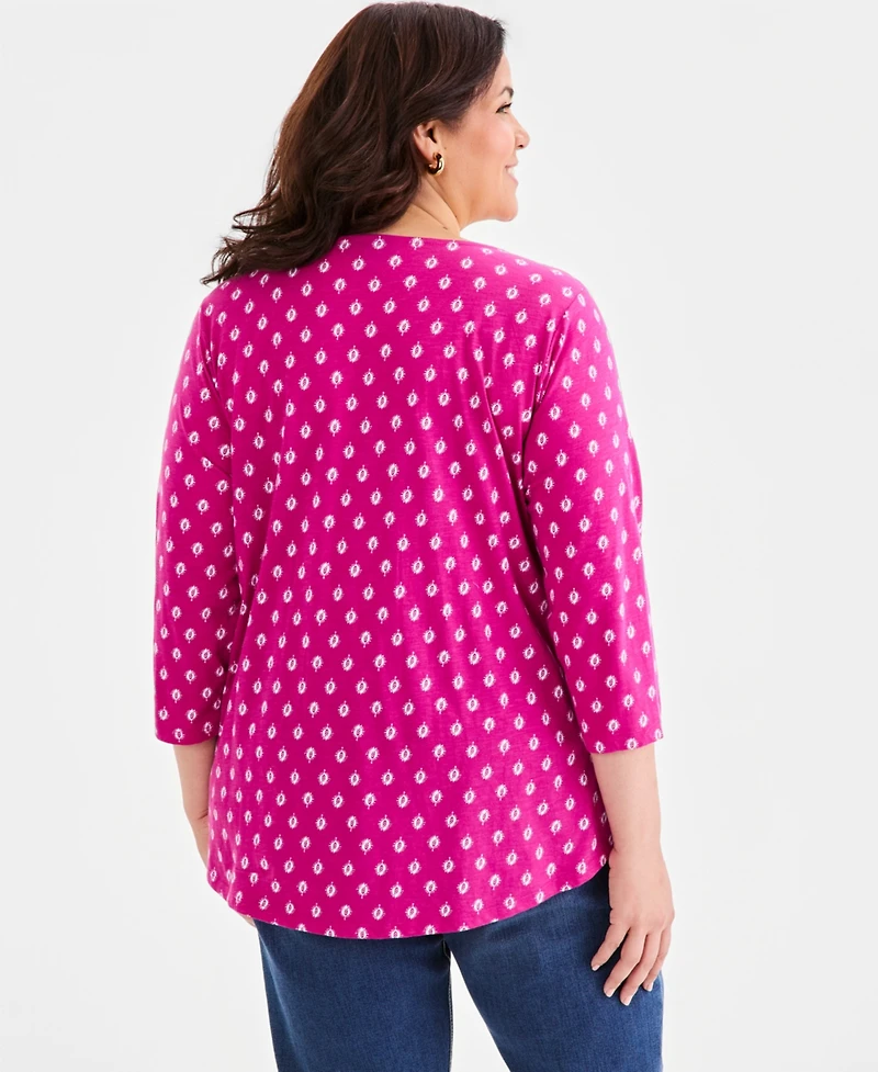 Style & Co Plus Size Printed Pintuck Split-Neck 3/4-Sleeve Top, Macy's Exclusive