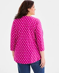Style & Co Plus Size Printed Pintuck Split-Neck 3/4-Sleeve Top, Macy's Exclusive