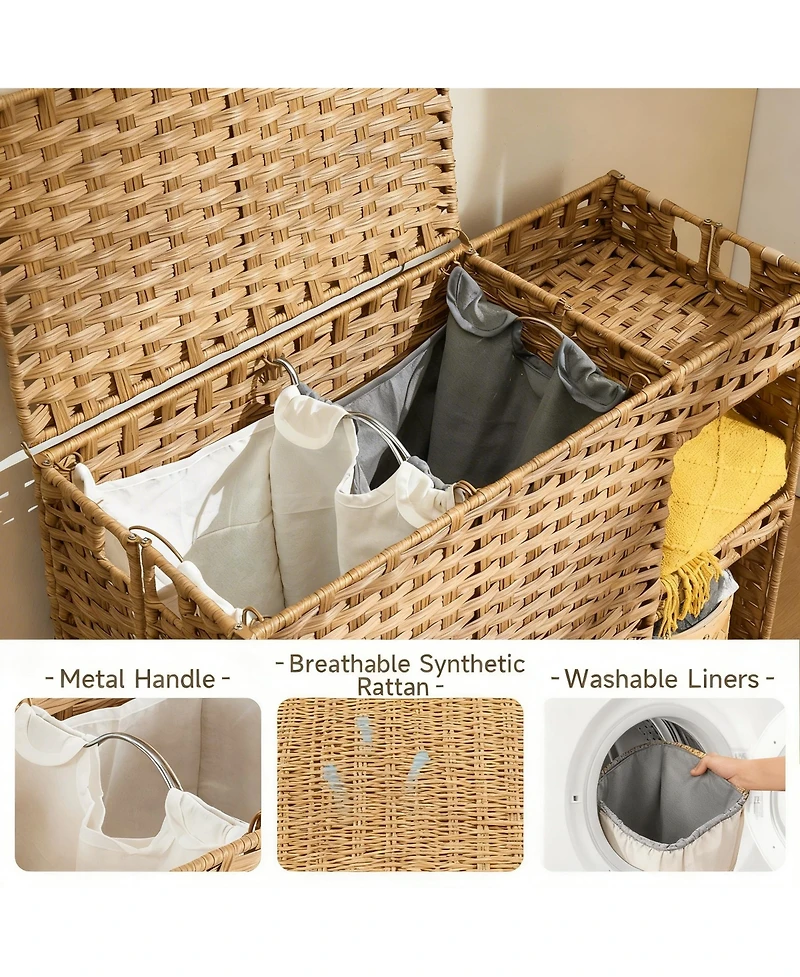 Yigii Gal. Rattan Laundry Hamper with Wheels, Liners, Mesh Bags, Durable