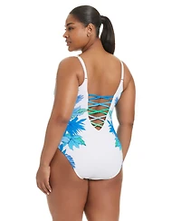 Bleu by Rod Beattie Plus Leys Get Knotty Lace-Down V-Neck One Piece Swimsuit