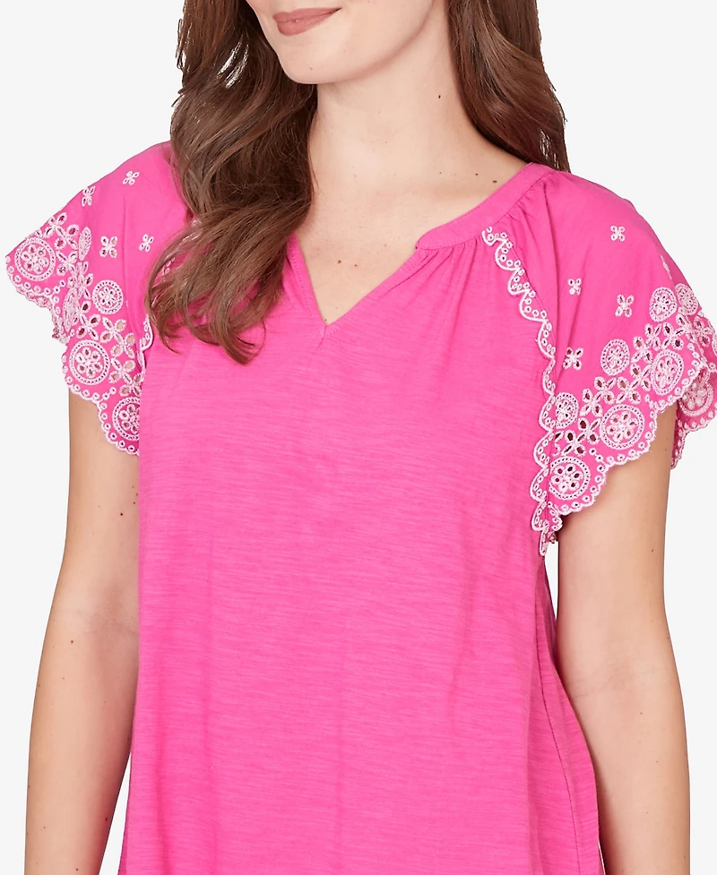 Ruby Rd. Petite Embroidered Sleeve Slub Knit T-shirt