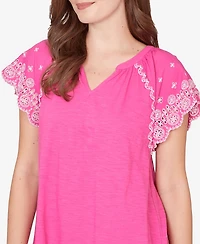 Ruby Rd. Petite Embroidered Sleeve Slub Knit T-shirt