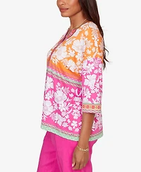 Ruby Rd. Petite Embroidered Placket Patchwork Knit Top