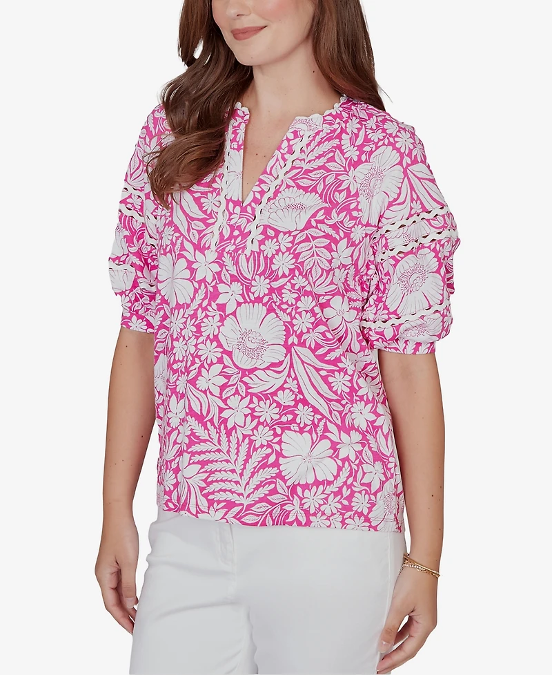 Ruby Rd. Petite Tropical Floral Trim Knit Top