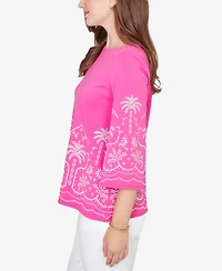 Ruby Rd. Petite Palm Tree Embroidered Knit Top