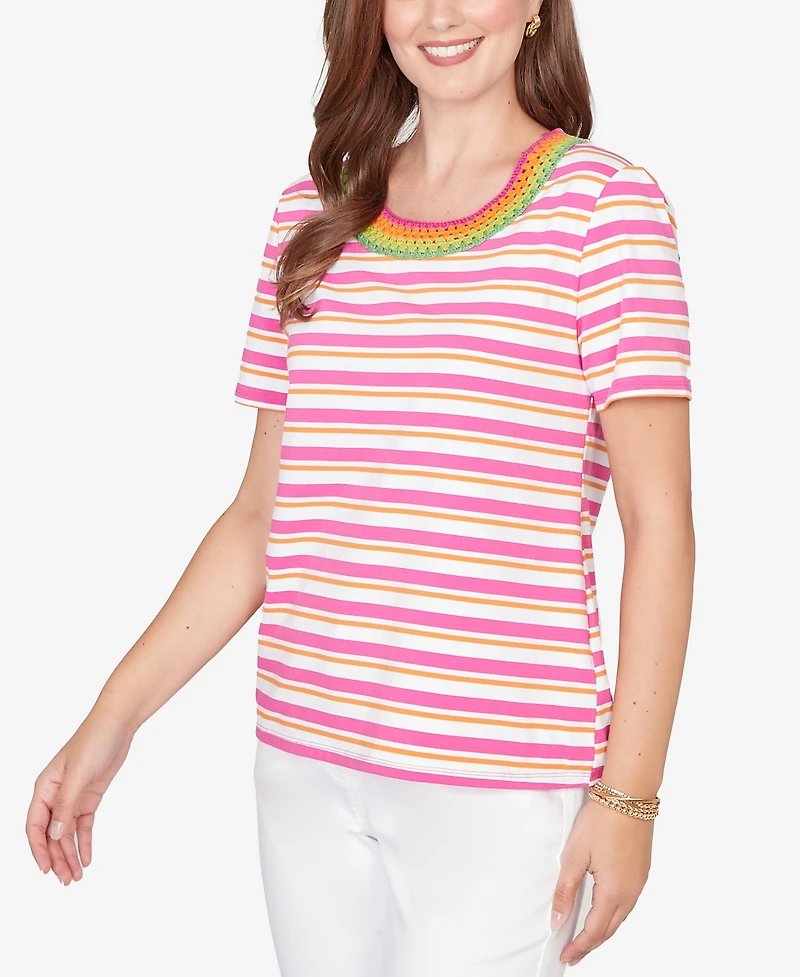 Ruby Rd. Petite Crochet Neck Stripe Knit T-shirt