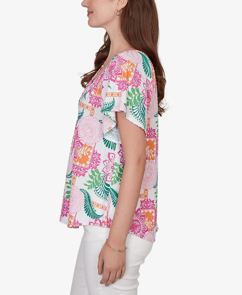 Ruby Rd. Petite Tropical Floral Eyelet Flutter Sleeve T-shirt