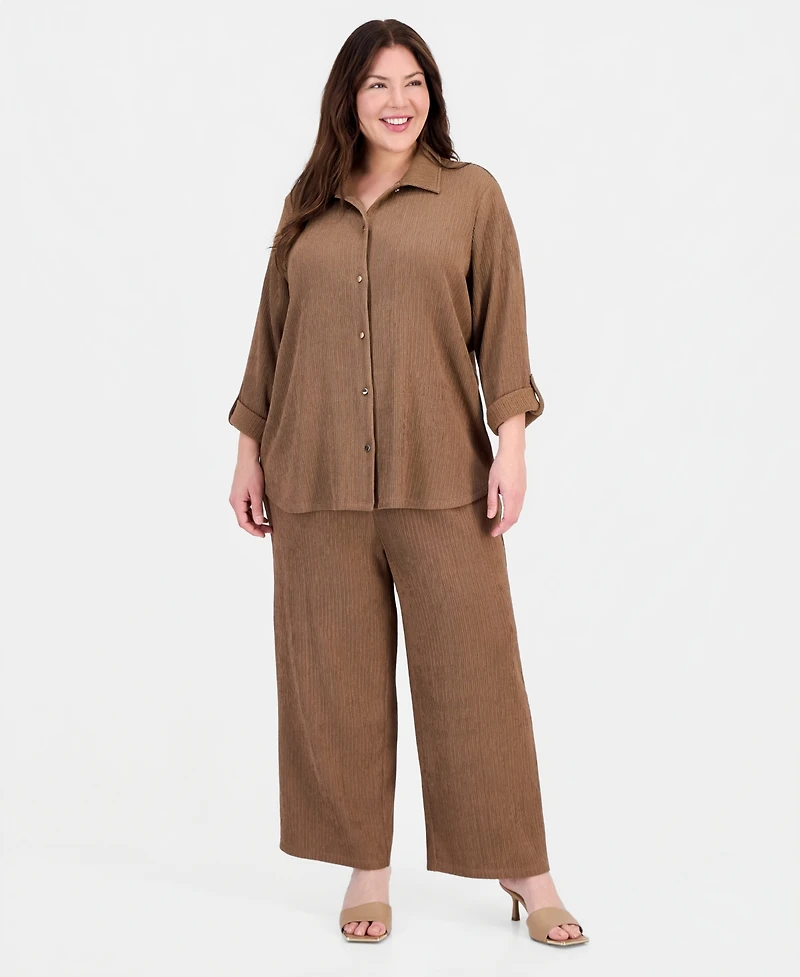 Anne Klein Plus Button-Front Roll-Tab-Sleeve Shirt