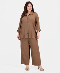 Anne Klein Plus Button-Front Roll-Tab-Sleeve Shirt