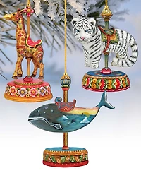 Designocracy Tiger, Santa, Giraffe Christmas Carousel Holiday Ornaments