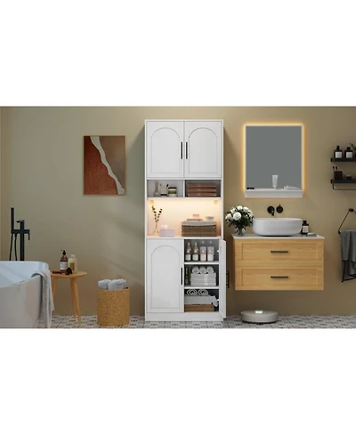 gaomon Kitchen Pantry Cabinet with Led Light Microwave Stand Barn Doors 2 Shelves