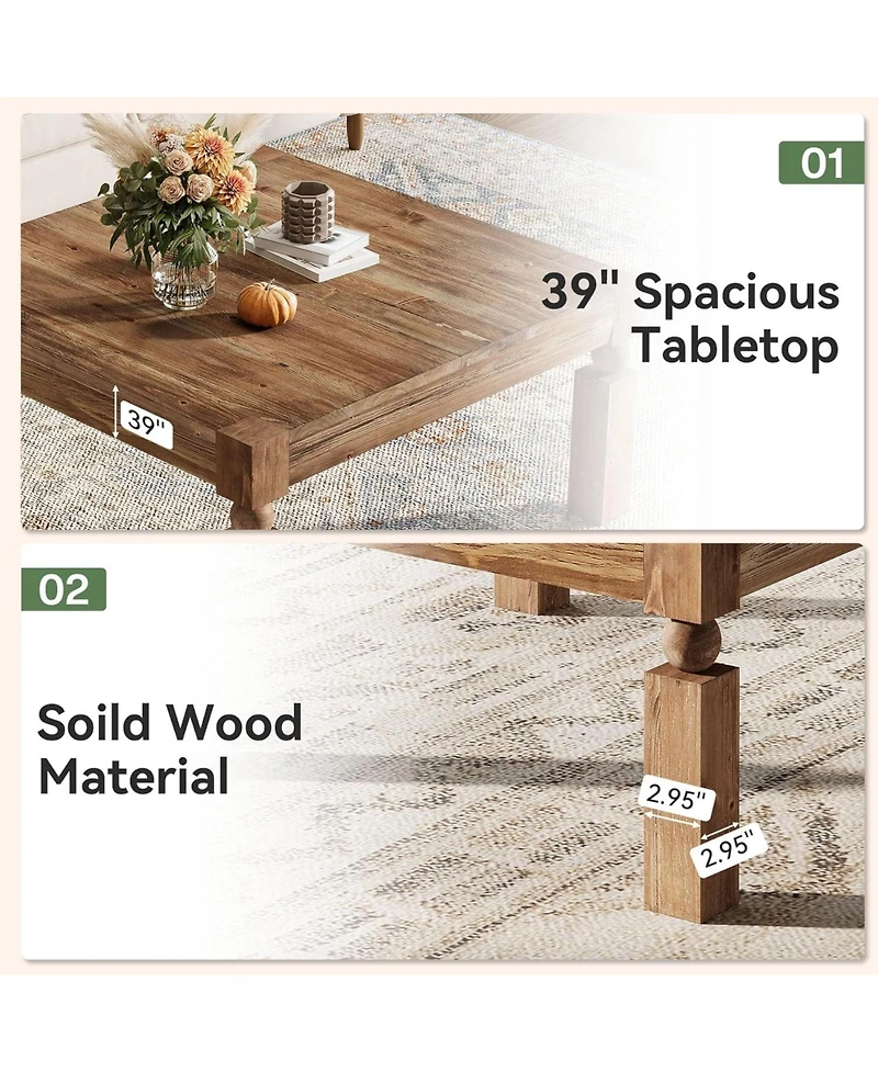 Tribesigns Square Coffee Table, 39-Inch Farmhouse Coffee Table with Sturdy Legs