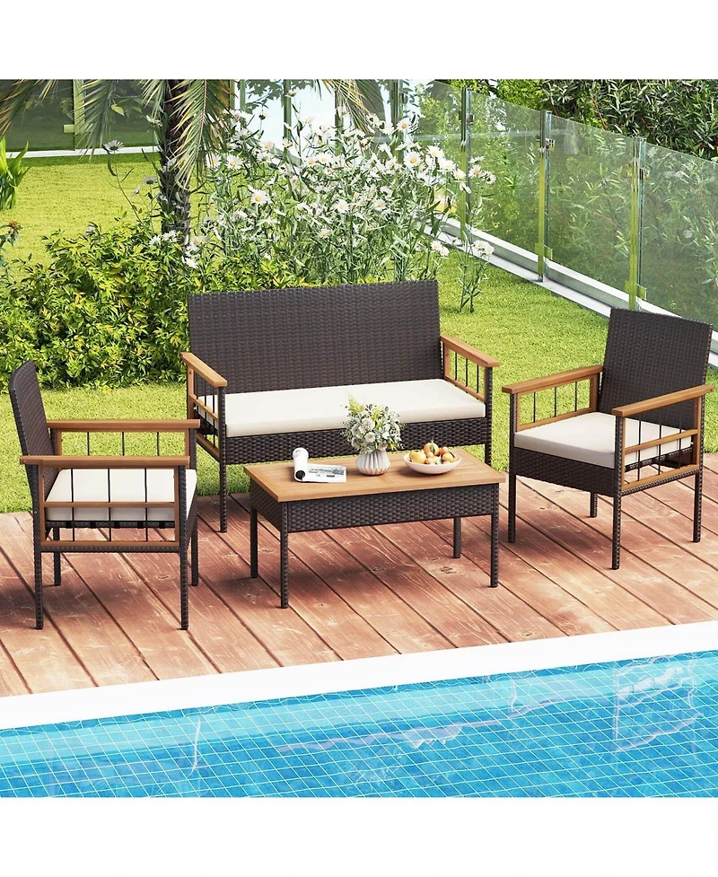 Costway 8 Pcs Wicker Furniture Set with Acacia Wood Tabletop Armrests Cushions for Backyard