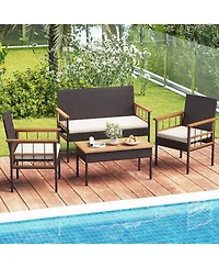 Costway 8 Pcs Wicker Furniture Set with Acacia Wood Tabletop Armrests Cushions for Backyard