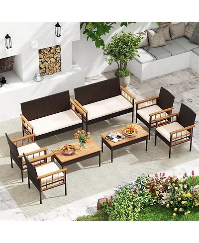 Costway 8 Pcs Wicker Furniture Set with Acacia Wood Tabletop Armrests Cushions for Backyard