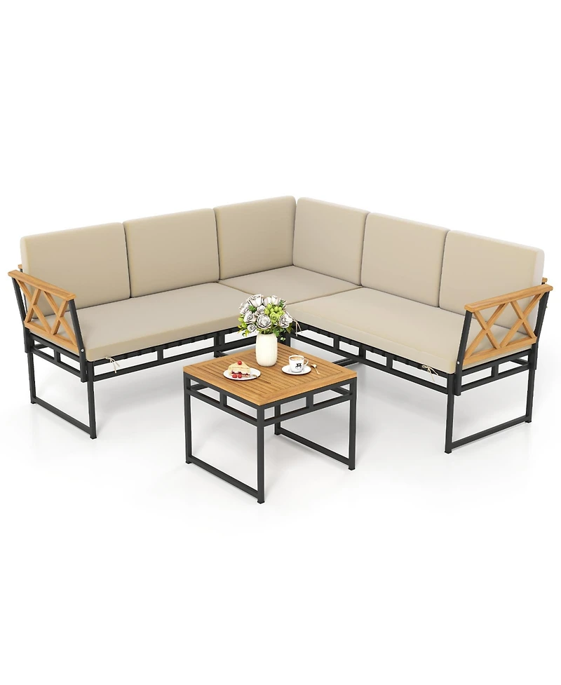 Gymax Set Of 4 Outdoor Sectional Sofa L-Shaped Metal Conversation Set w/ Cushions