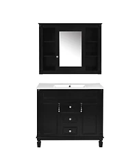 Sillysis 36" Bathroom Vanity with Sink and Mirror, Modern Freestanding Solid Wood Cabinet Storage Drawers Ceramic Top-Sillysis