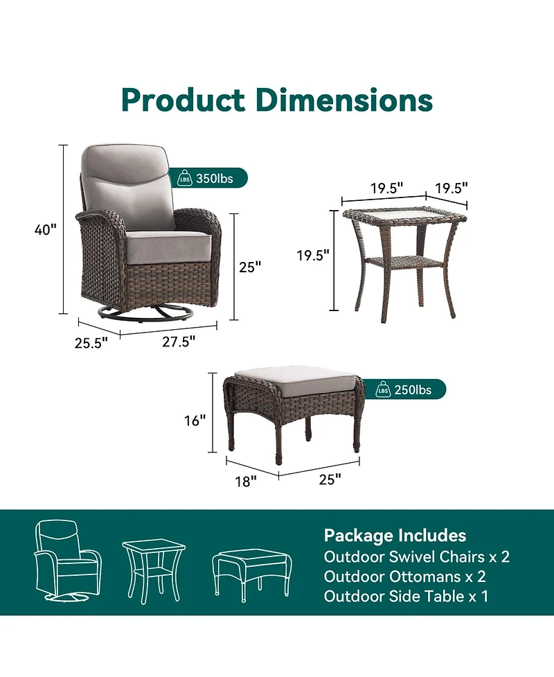 Gymojoy 5-Piece Wicker Patio Conversation Set with 6-inch Olefin Cushions Patio Swivel Chair with Ottoman