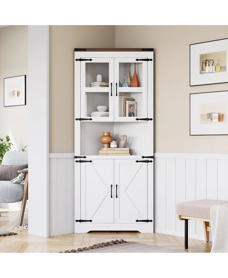 gaomon Rustic Farmhouse Tall Corner Storage Cabinet with Glass Doors & Adjustable Shelves, Corner Display Cabinet for Kitchen