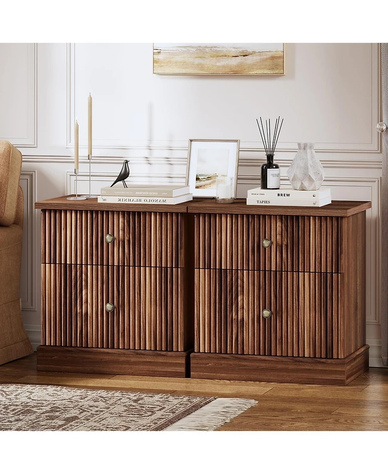 gaomon Fluted Nightstand with Drawers, Mid Century Modern Bedside Table, Brown Nightstand with Storage