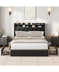 gaomon Upholstered Bed Frame with Storage Drawers, Velvet King Platform Bed with Tufted Headboard and Nailhead Trim Design
