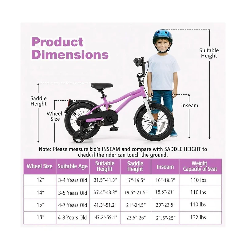 Hongge Kids Bike 14 Inch Children Training Bicycle with 2 Brake for 3-5 Years Old