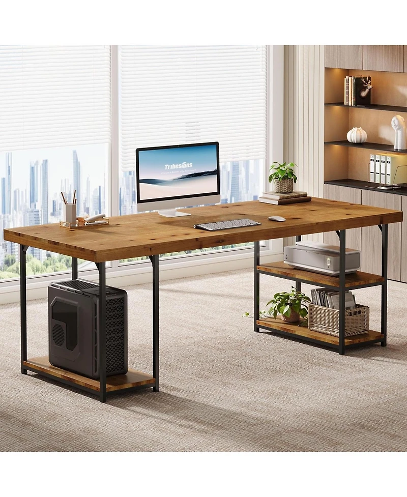 Tribesigns 71-Inch Extra Long Desk with Shelves, Industrial Solid Wood Home Office Desk, Large Office Computer Table Writing Gaming Workstation