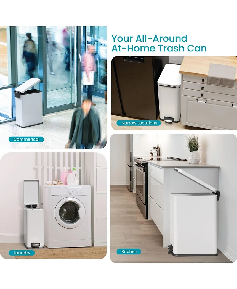 Home Zone Living 8 Gallon Slim Stainless Steel Kitchen Trash Can with Step Pedal and Soft Close Lid