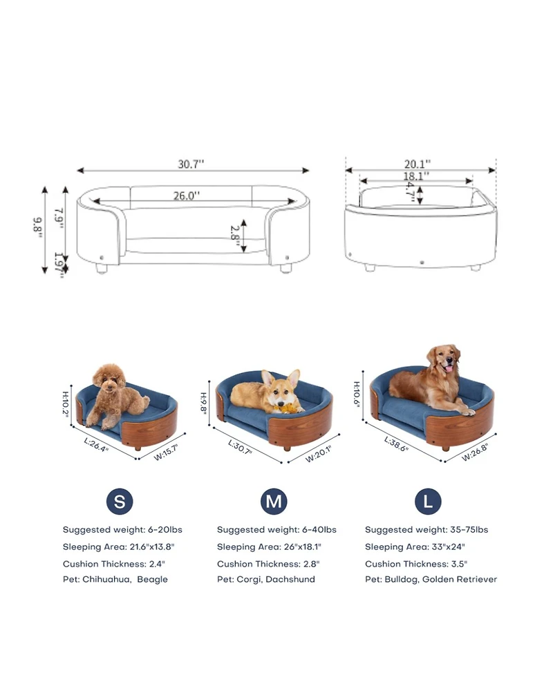 6thdruple Mid-Century Wood Pet Bed with Velvet Cushion