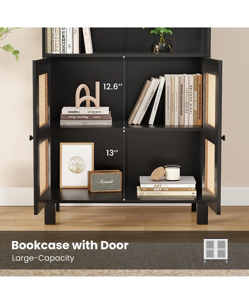 Rainsken 71" Tall Bookshelf, 5 Tier Wood Storage Bookcase with Rattan Doors, Ample Storage Space for Living Room, Home Office