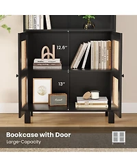 Rainsken 71" Tall Bookshelf, 5 Tier Wood Storage Bookcase with Rattan Doors, Ample Storage Space for Living Room, Home Office