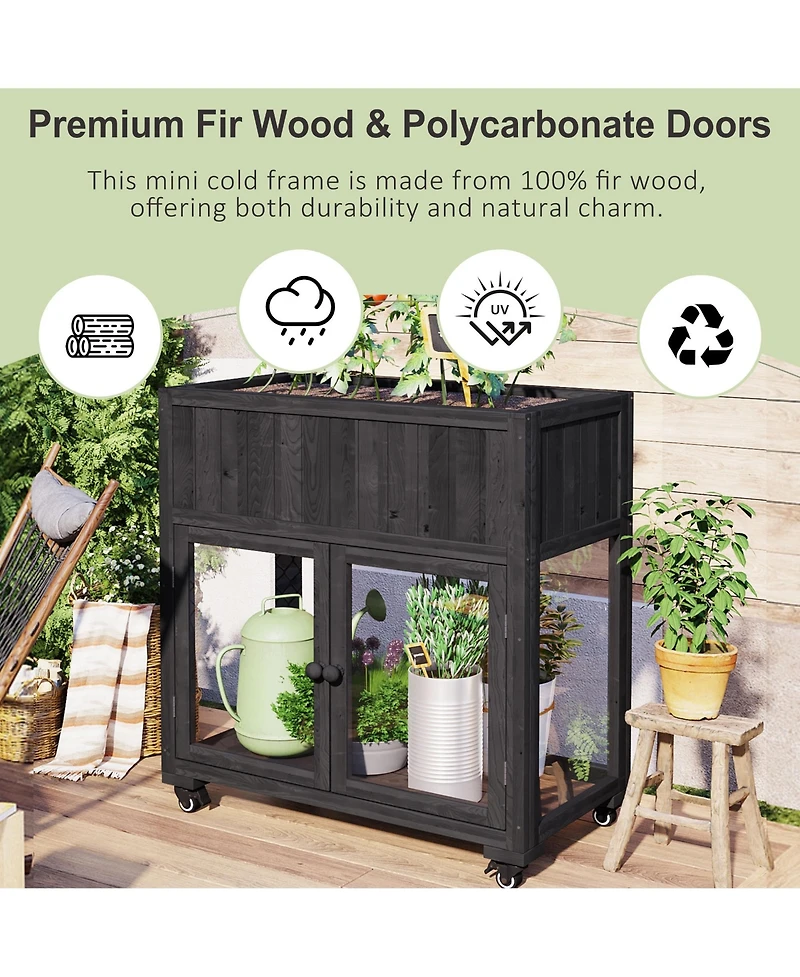 sumyeg Patio 35.4"x17.7"x37.4" Mini Wood Cold Frame 2 Doors Garden Greenhouse with Wheels,Raised Bed Liner