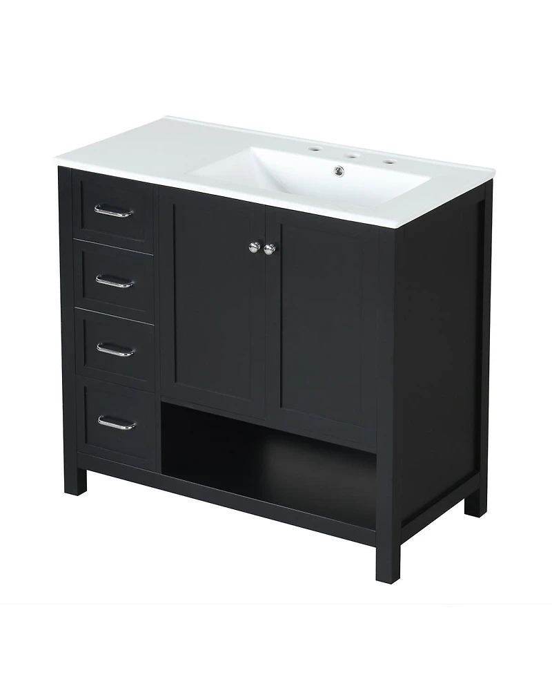 Sillysis 36" Freestanding Bathroom Vanity with Ceramic Sink, Storage Cabinet, Modern Painted Finish, Right Side Basin