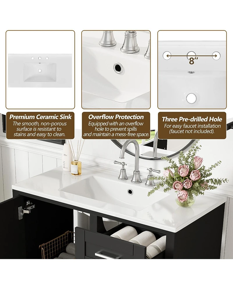 Sillysis Bathroom Vanity with Ceramic Sink, Solid Pine Frame, Soft Close Drawers & Door for Small Spaces