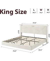 gaomon Floating Bed Frame with Led Lights Charging Station Storage Headboard Folding Shelves No Box Spring