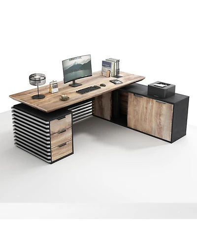 logicfox Adjustable Height L Shaped Executive Standing Desk with Drawers Business Workstation