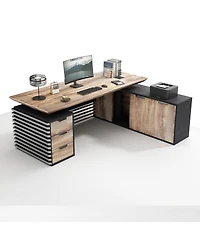 logicfox Adjustable Height L Shaped Executive Standing Desk with Drawers Business Workstation