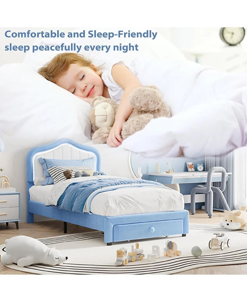 gaomon Upholstered Bed Frame with Storage Drawer Smart Led Headboard Kids Platform Wood Slats No Box Spring