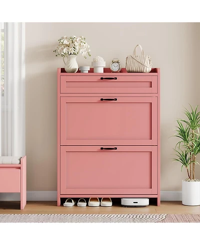gaomon Shoe Cabinet with 2 Flip Drawers & 1 Top Drawer, High-Gloss Painted Wood Shoe Organizer with Adjustable Shelves