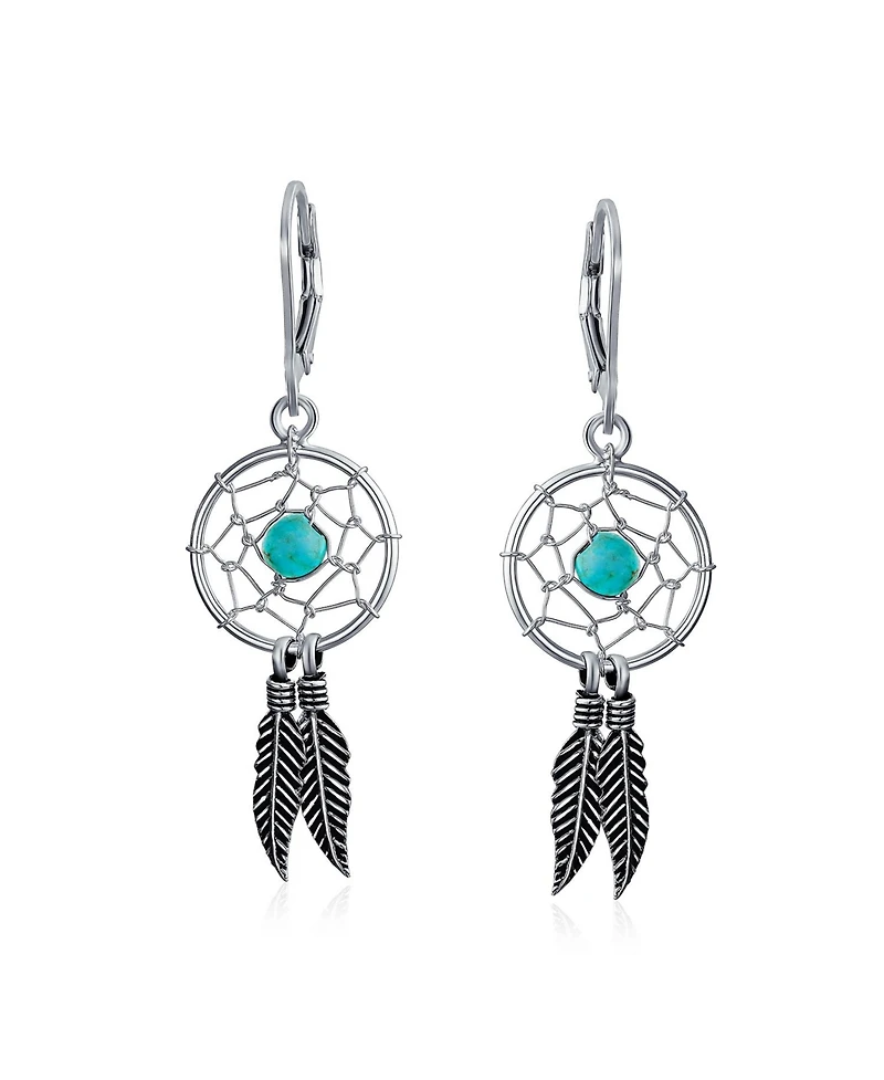 Bling Jewelry Native American Style Turquoise Dream Catcher Feather Leaf Dangle Earrings Sterling Silver