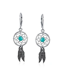 Bling Jewelry Native American Style Turquoise Dream Catcher Feather Leaf Dangle Earrings Sterling Silver