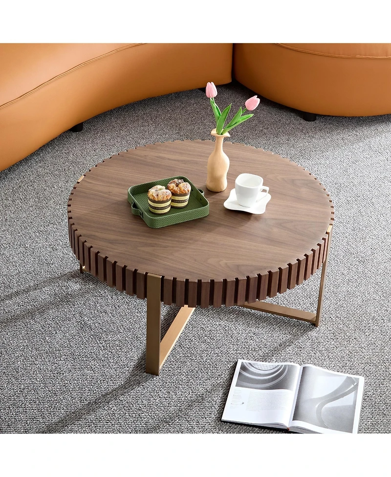 Rainsken Modern Drum Coffee Table, 31.5'' Round Center Table with Fluted Edge and Sturdy Pedestal for Living Room, Office