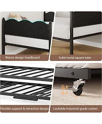 gaomon Twin Daybed with Trundle, Metal Frame with Wavy Wood Grain Headboard and Lockable Casters
