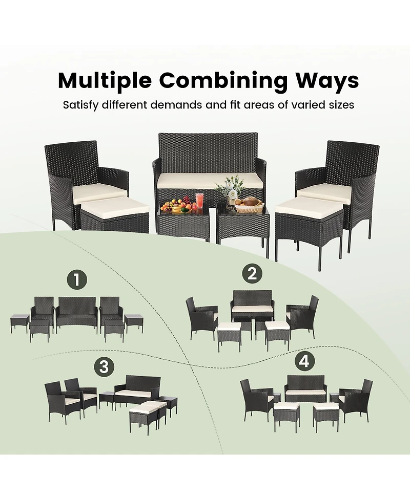 Gymax 7PCS Outdoor Wicker Sofa Set Patio Rattan Sofa Set w/ Coffee Tables & Ottomans